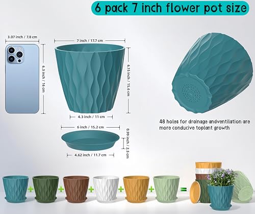6 Pack 7 Inch Plant Pots with Drainage and Saucers, Multicolour Plastic Flower Pots for Indoor and Outdoor Plants, Stackable Nursery Planters for Houseplants and Herbs, Multicolour - view 2