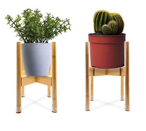 Natural Handmade Adjustable Bamboo Plant Flower Stand - Adjustable Reversible Tall Short Indoor Plant Holder - for Medium & Large Pots Sizes 8" to 12" inches Mid Century Decor (1pack)