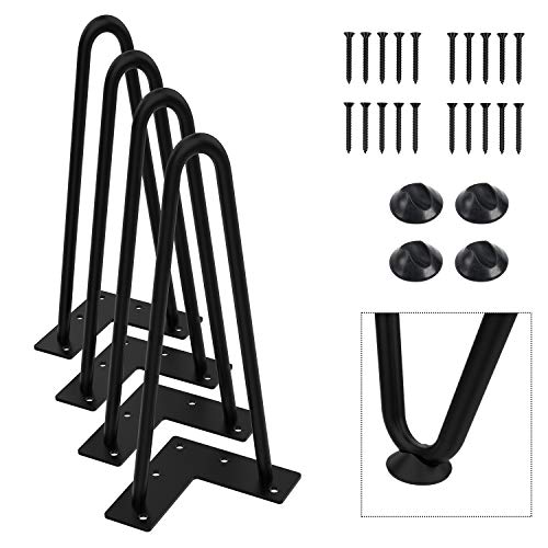 10inch Black Hairpin Furniture Legs(4PCS) | Heavy-Duty Hairpin Legs End Table Legs| with Screws and 4pcs Bonus Rubber Floor Protectors | Metal Table Legs Desk Legs Furniture Legs for DIYers