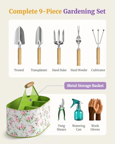 9Pcs Garden Tool Set with Stainless Steel Tools&Metal Basket, Pink - view 3
