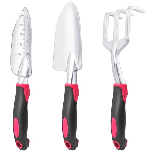 Garden Tools Set, 3 Pack Garden Shovel, Transplant Trowel and Hand Rake Red