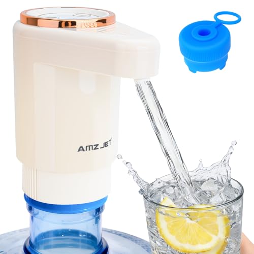 Dual Pump Water Dispenser for 5 Gallon Bottle, Electric Water Bottle Pump with Water Jug Cap, Powerful Flow, USB Rechargeable Automatic for Home, Office, Camping-Beige