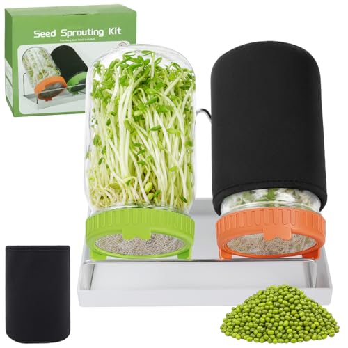 Seed Sprouting Kit with Mung Beans 80g, 2 Large Wide Mouth Mason Jars with Sprout Lids, Blackout Sleeves, Drain Tray, Stainless Steel Stand, Sprouts Growing Kit for Growing Bean Alfalfa Sprout Seeds
