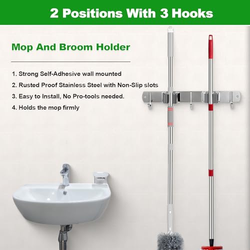 2 Racks and 3 Hooks Mop and Broom Holder Wall Mount, Self Adhesive Heavy Duty Broom Organizer Storage Tool Racks for Kitchen Garden Laundry Garage - view 3