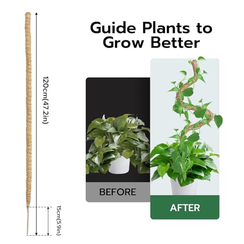 Bendable Moss Pole for Plants 47 Inch, Monstera Plant Support Stake with 7mm Aluminum Core, Coconut Coir Climbing Pole for Monstera Pothos Philodendron, Complete Kit with Ties & Rope - view 3