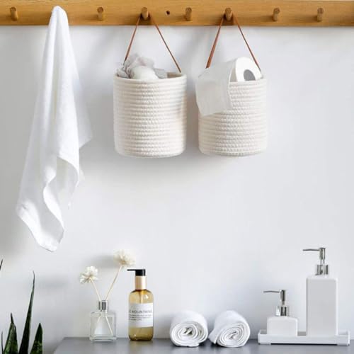 Cotton Wall Hanging Storage Basket 2pcs with Leather Handle - view 4
