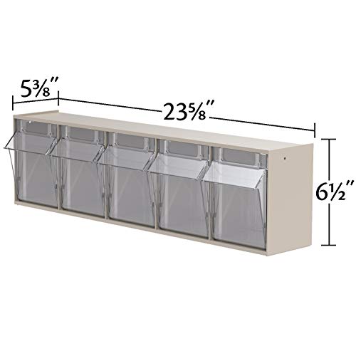 TiltView Plastic Storage Cabinet with 5 Tilt Out Bins, Horizontal Plastic Parts Organizer, Teacher Toolbox, and Office Supply Organizer, 23-5/8" W x 6-1/2" H x 5-5/8" D, Stone - view 3