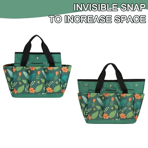 Waterproof Garden Tool Bag, 600D Oxford Portable Gardening Tote with Handle & Multi Pockets, Ideal Gifts for Parents Women (Green Flower, Tools Not Included) - view 5