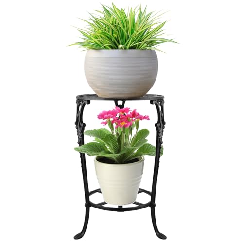 Vintage Cast Iron Plant Stand, 18.8" Tall Flower Pot Holder, 2 Tiered Potted Planter Rack for Living Room, Bedroom, Kitchen, Porch (Black) - view 2