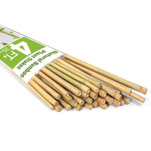 Natural Bamboo Poles, 4 Feet Bamboo Sticks for Plants, Wood Garden Stakes for Tomato, Bean, Flowers, Trees Potted and Climbing Plants, 25 Pack