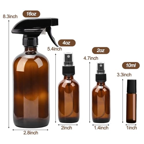 Glass Spray Bottle Kit×10 (2×16oz, 2×4oz, 6×2oz), 9×10ml Roller Bottles, Anti UV, Multi Size and Versatile, Suitable for Aromatherapy, Facial Moisturizing, Watering, etc.(Amber) - view 6