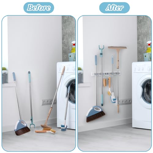 White Broom Holder Wall Mount - Heavy Duty Wood Mop and Broom Organizer with 5 Slots & 4 Hooks - Garden Tool Hanger for Laundry Room Closet Kitchen Garage Storage and Organization - Modern Home Decor - view 5