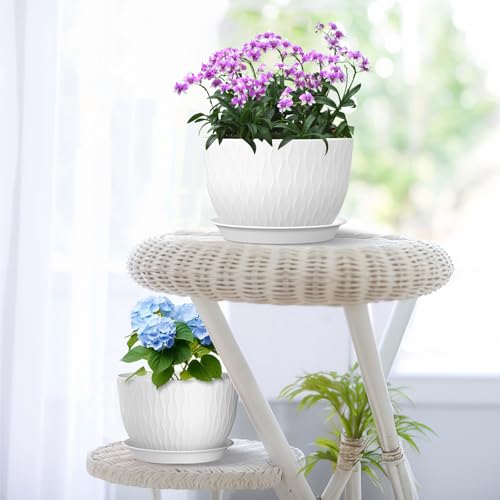12/10/9 inch Large Plant Pots, 3 Pack Wide Flower Pots for Outdoor Indoor Plants with Water Ripples, Big Plastic Planters with Drainage Holes and Saucers for Garden House Plants, White - view 7