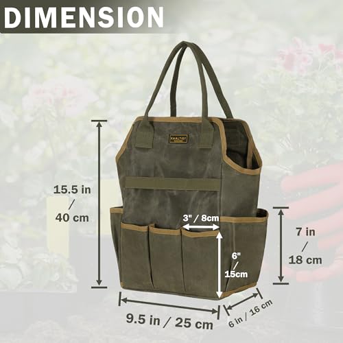 Tool Bag, Heavy Duty 16oz Waxed Canvas Garden Tool Tote - with 3 Inner Slots & 8 Outer Pockets, Multi-Purpose Gardening Tool Storage Bag for Gardener Florist Workshop - Army Green - view 2