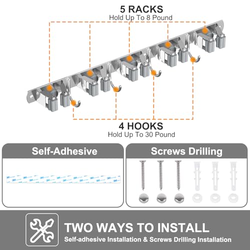 5 Racks and 4 Hooks Wall-Mounted Mop and Broom Holder, Self-Adhesive Heavy-Duty Broom Hanger Organizer, Heavy-Duty Storage and Organization for Home, Kitchen, Garden, Garage, and Rooms Grey - view 3