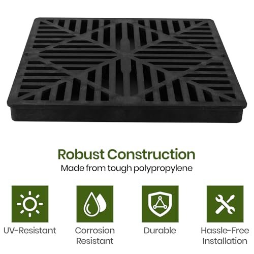 2 Pack 12 Inch Catch Basin Drain Grate, Fiberglass Reinforced Polyethylene Square Drain Cover for Yard Patio Driveway Drainage, Black - view 4