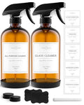 Amber Glass Spray Bottles, 2 Pack Glass Refillable Bottles for Cleaning solutions, 16 oz Spray Bottle for Cleaning, Mister Spray Bottle, Amber Spray Bottles with Waterproof Labels