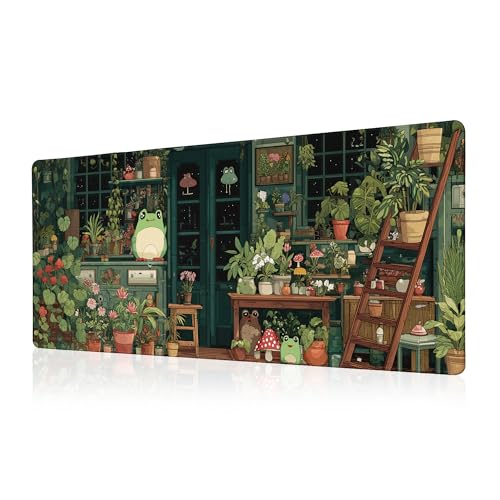Cute Frog Kawaii Green Mouse Pad Desk Mat XL Extended Large Gaming Desk Pad Mousepad, Green Plant Computer Laptop Keyboard and Mouse Mat, Desktop Protector Mat for Office and Home 31.5x11.8 in