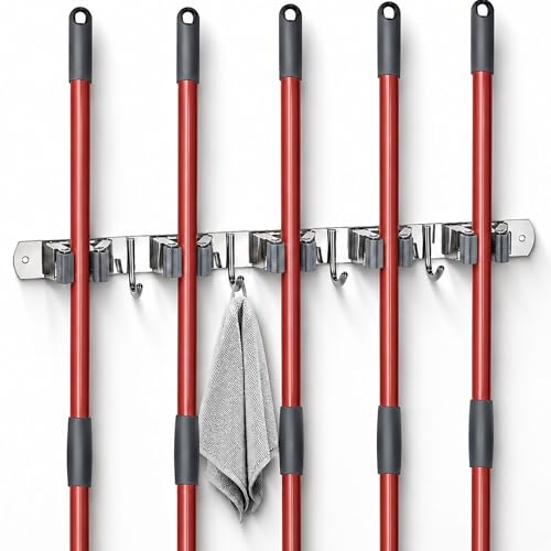 5 Racks and 4 Hooks Mop and Broom Holder Wall Mount, Self Adhesive Heavy Duty Broom Hanger Organizer Storage Tool Racks for Kitchen Garden Laundry Garage