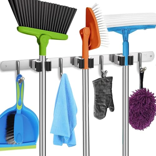 Mop and Broom Holder Wall Mount – Heavy-Duty Closet Organizer for Garage, Kitchen, Laundry Organization – Tool Hanger with 3 racks and 4 hooks