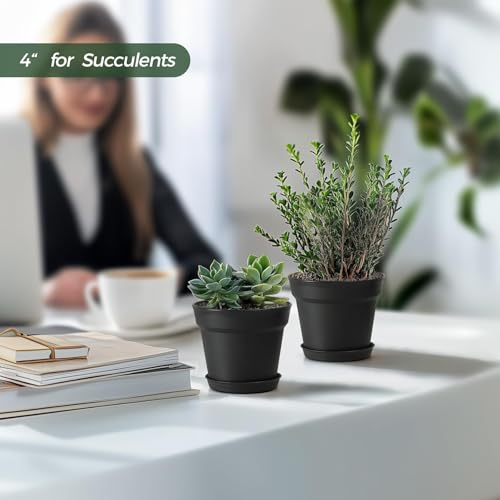 7.5 Inch Plant Pots 6 Pcs, Flower Pots for Indoor Plants Plastic Pots for Plants with Drainage Holes and Saucer, Planters for Indoor Plants for House Cactus Succulent Black - view 7