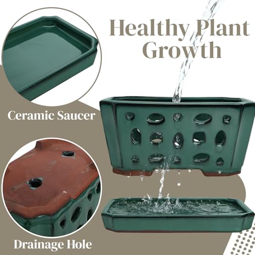 Ceramic Orchid Pot with Saucer & Holes, Large Rectangle Repotting Plant Pot with Gloves & 3 PCS Shovels, Thickened Glazed Decorative Planter, Slotted Flower Container for Good Air Circulation - view 4