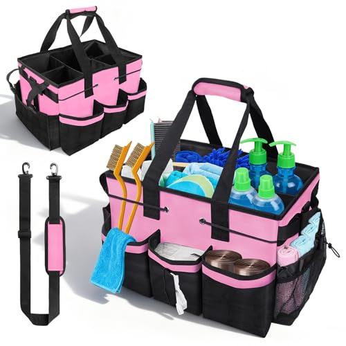 Large Cleaning Caddy Bag - 15" x 10.5" x 9" Heavy-Duty Organizer Tote for Housekeepers, Janitors & Home Cleaning Supplies with Adjustable Shoulder Strap & Multiple Pockets (Pink)