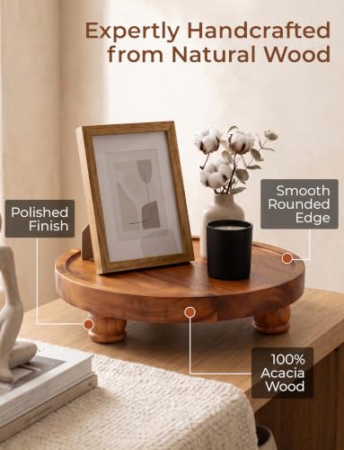 Acacia Wood Round Tray, 10 in Pedestal Riser Stand for Plant Decor - view 4