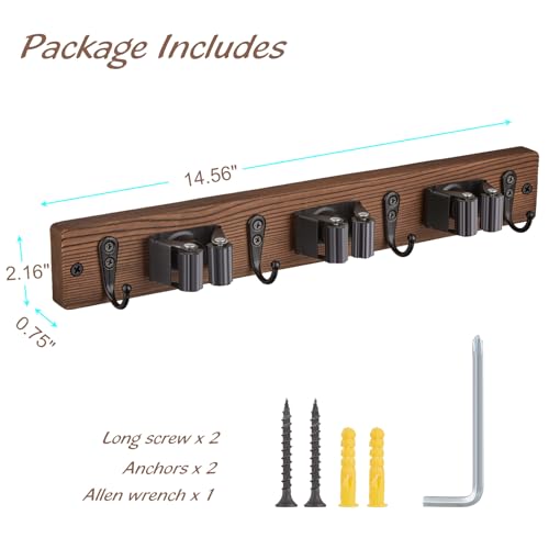 Mop Broom Holder Wall Mount with 3 Slots & 4 Hooks - Wood Broom Mop Hanger for Pantry Kitchen Organization - Garden Tool Organizer for Closet Laundry Room - for Rustic Farmhouse Kitchen Decor - view 6