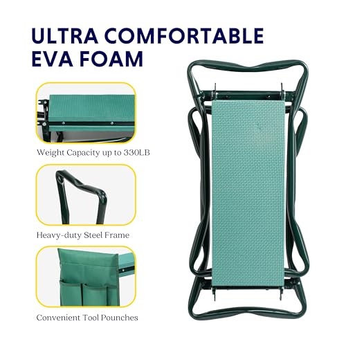 Garden Kneeler and Seat Foldable Kneeling Bench with Sturdy Soft EVA Foam Pad for Outdoor, Fishing, Camping, 2 Tool Pouches Included, Green - view 5
