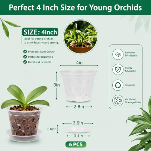 Orchid Pot -6 Pack 4 Inch Orchid Pots with Holes and Saucers, Clear Plastic Plant Pots with 8 Support Stakes and Clips, Orchid Repotting Kit for Indoor Plants - view 2