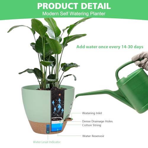 Self Watering Planter Set with Visual Water Level, 6Pack Small Plastic Pot with Drainage Holes and Reservoir Saucers, Modern 8+7+6.5+6+5.5+5 Inch Bottom Watering Flower Pots for Indoor Plant - Green - view 6