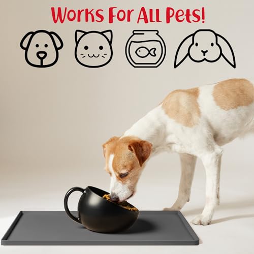 Dog Food Mat – Waterproof Dog Bowl Mat for Food and Water, Silicone Pet Feeding Mats for Floors, Non-Slip Placemat with High Edges for Dogs Bowls, Puppy Essentials (L: 24" x 16", Shadow) - view 4