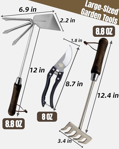 Garden Tool Set, 6PCS Heavy Duty Stainless Steel Gardening Hand Tools with Ropes, Includes Hand Cultivator Shovel Trowel Transplanter 2-in-1 Hoe Pruner, Ideal Gardening Gifts for Women Men (Classic) - view 4