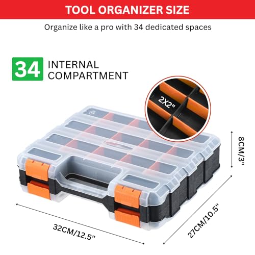 Andalus Tools Organizer Box, Small Parts Storage 34-Compartment Double-Sided Portable Hardware Organizer Removable Plastic Dividers for Screws, Nuts, Bolts, Nails – Orange (2 Pack, 12.5" x 10.5" x 3") - view 2
