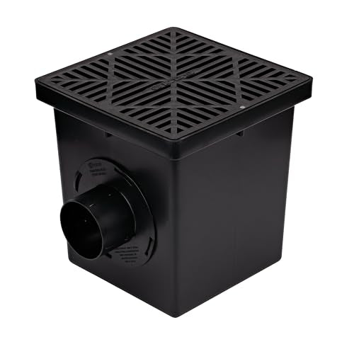 1200BKITRTL1PK Square Catch Basin Drain Kit with 2-Opening Catch Basin Drain, 2 Adapters, 1 Outlet Plug, and 1 Plastic Drain Grate, 12-Inch, for Lawns, Landscaped Areas, Black