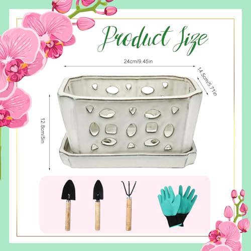 9.5" Orchid Pot Ceramic with Hole Saucer for Repotting, White - view 2