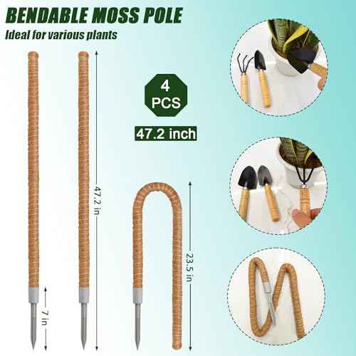 4 Pack Moss Pole, 47 Inch Moss Poles for Climbing Plants Monstera, Bendable Coir Plant Stakes for Potted Plants, Philodendron, Pothos (47.2" x 4pcs) - view 2
