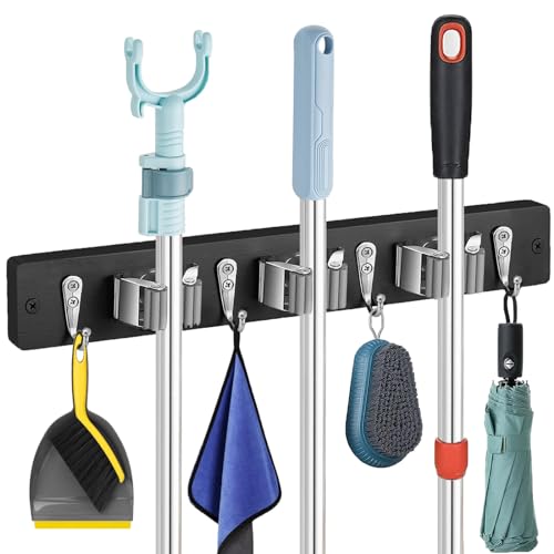 Mop and Broom Holder Wall Mount - Rustic Wood Broom Hanger Wall Mount | Laundry Room Decor - Broom Organizer Wall Mount for Farmhouse Garden Kitchen Garage Tool Organizer(Black-3slots/4hooks)