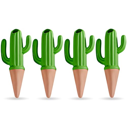 4 Pack Self Watering Spikes and Globes, Handmade Terracotta Cactus Self-Watering Plant Devices with Slow Release System, Automatic Plant Water Bulbs for Indoor and Outdoor Garden Vacation