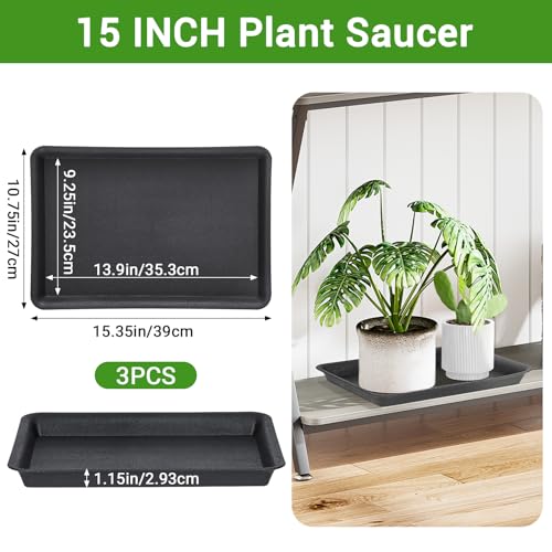 3 Packs Plant Saucers Rectangular, 15x11x1.2 Inch Heavy Plastic Plant Saucer Drip Tray, Flower Pot Tray for Indoors Outdoor Plant Pots, Thick Drip Tray for Garden Potted Water Drips and Soil - view 2