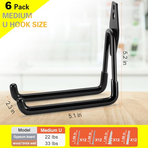 6 Pack Garage Hooks Heavy Duty Storage Organizer Wall Mount Power and Garden Tool Hangers, for Hanging Ladders, Ropes, Hose, Bulk Items - view 3