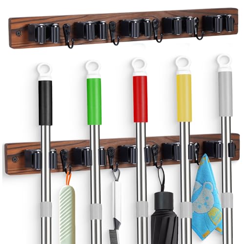 Broom Holder Wall Mount With 5 Slots & 4 Hooks，Rustic Wood Broom & Mop Hanger，Wall Mounted Garden & Garage Tool Storage Organizer Rack for Closet Laundry Room or Kitchen Wall Decor - view 7
