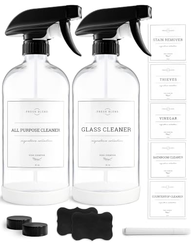 Glass Spray Bottles, 2 Pack Refillable Spray Bottles for Cleaning Solutions, Plant Misters, Clear Glass Spray Bottle for hair, 16 oz Mister Spray Bottle with Waterproof Labels