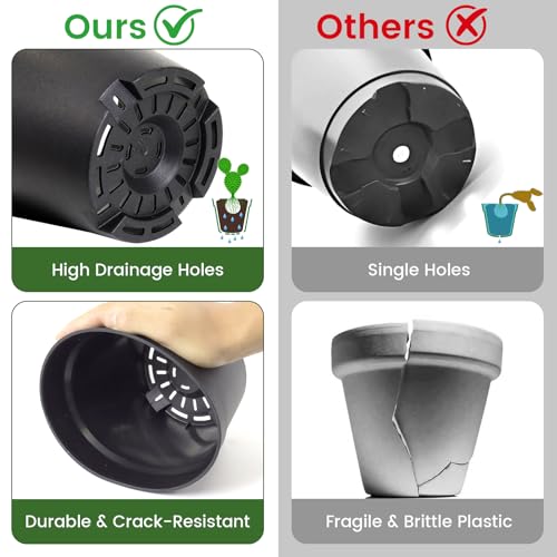 10 Pack 6 Inch Plant Pots with Drainage and Saucers, Black Plastic Flower Pots for Indoor and Outdoor Plants, Stackable Nursery Planters for Houseplants and Herbs, Black - view 3