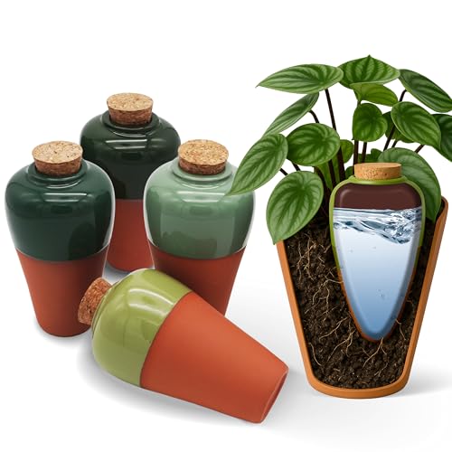 Terracotta Self Watering Planter Insert - Set of 4 Clay Ollas with Slim Bottom for Easy Soil Insertion, Glazed Top, Slow-Release Plant Watering System for Indoor & Outdoor Plants