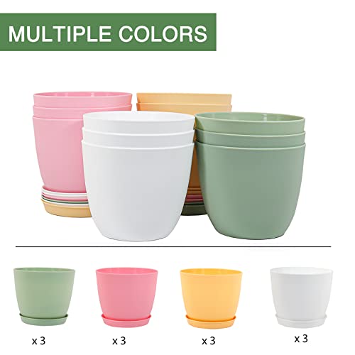6 Inch Plant Pots, 12 Pack Plastic Planters Modern Flower Pot with Drainage Holes and Saucers for All House Plants, Herbs, Flowers and Seeding Nursery, Colorful - view 6