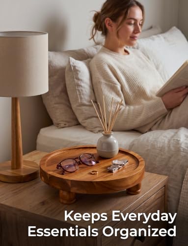 Acacia Wood Round Tray, 10 in Pedestal Riser Stand for Plant Decor - view 6