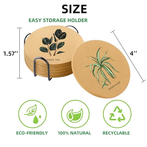 Plant Coasters for Drinks with Holder Set of 6, Illustration Absorbent Cork Coaster for Cup Desk Office Table Kitchen Decor House Warming Gifts for New Home Couples, Round 4" - view 2