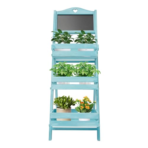 Wooden 3-Tier Plant Stand with Chalkboard Ladder Shelf